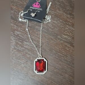 paparazzi Silver-Tone Necklace with Rich Red Emerald-Cut Pendant